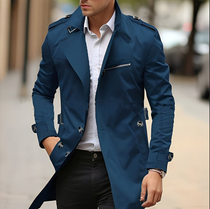 Casaco masculino sobretudo de outono em cor sólida, elegante, com gola clássica. Roupa exterior versátil de inverno.