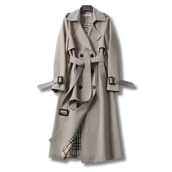 Elegante sobretudo feminino para mulher, design clássico, roupa exterior sofisticada para o inverno.