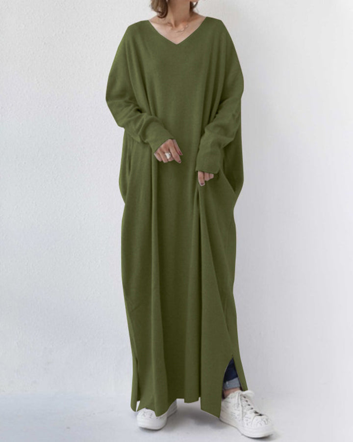 Vestido longo feminino para inverno em cor vinho, elegante, com mangas compridas. Conforto e estilo na moda.