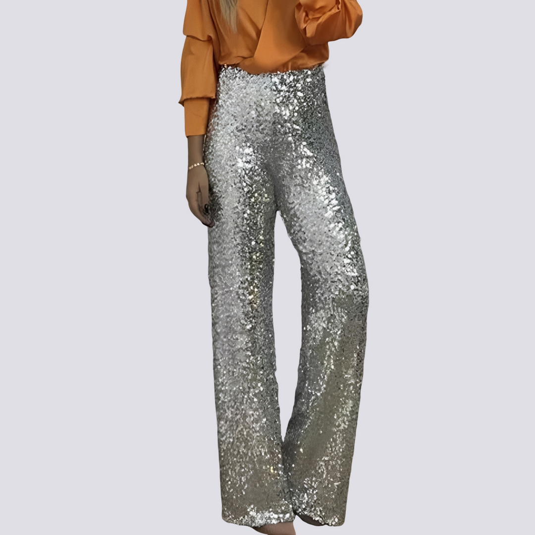 Calças femininas de cintura alta com lantejoulas brilhantes, perfeitas para festas e eventos noturnos elegantes.