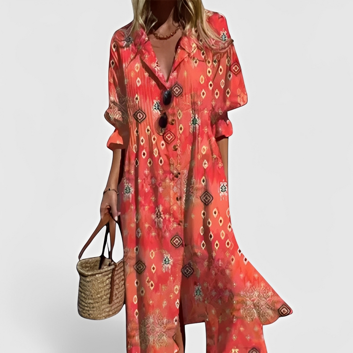 Vestido feminino midi floral, tendência de moda verão, com botões, casual e super elegante.