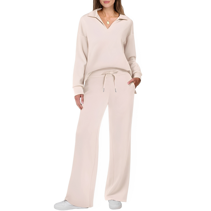 Conjunto feminino casual de suéter e calças confortáveis, perfeito para o dia a dia e home office.