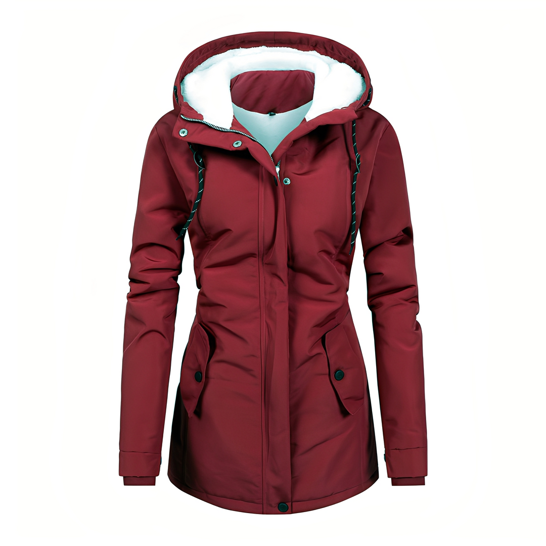 Casaco feminino quente com capuz, ideal para outono e inverno. Design moderno e confortável.