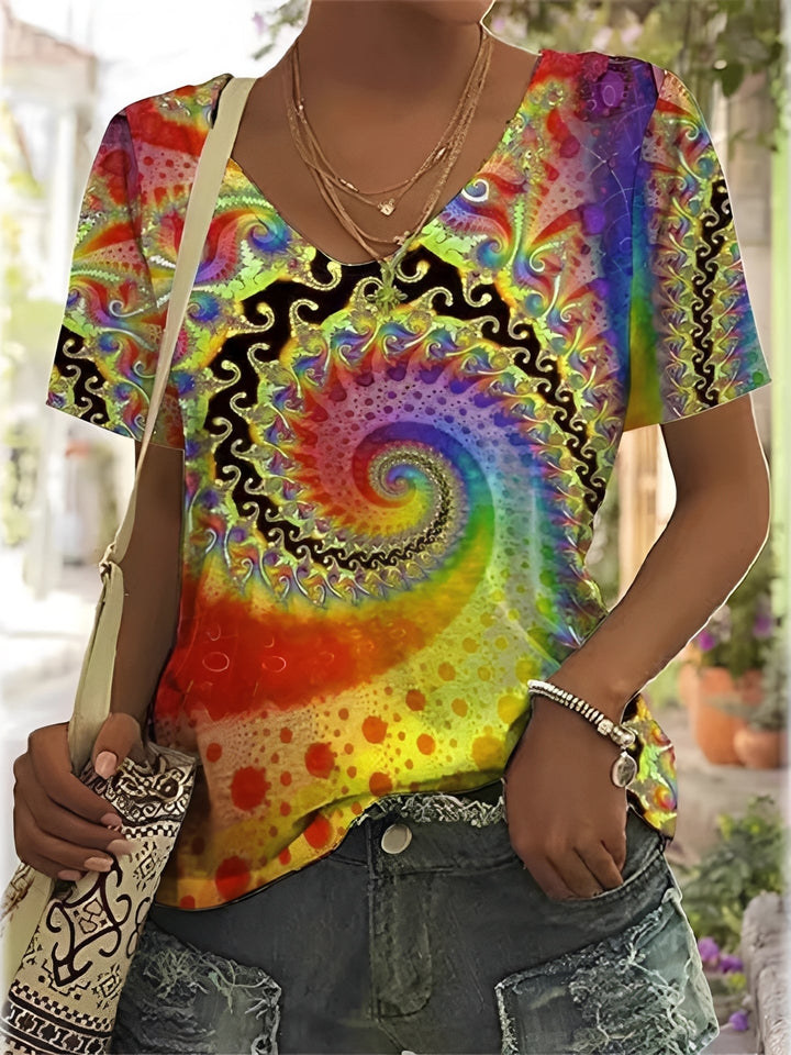 Top feminino elegante com decote V, ideal para o verão. Blusa casual de manga curta para moda feminina.