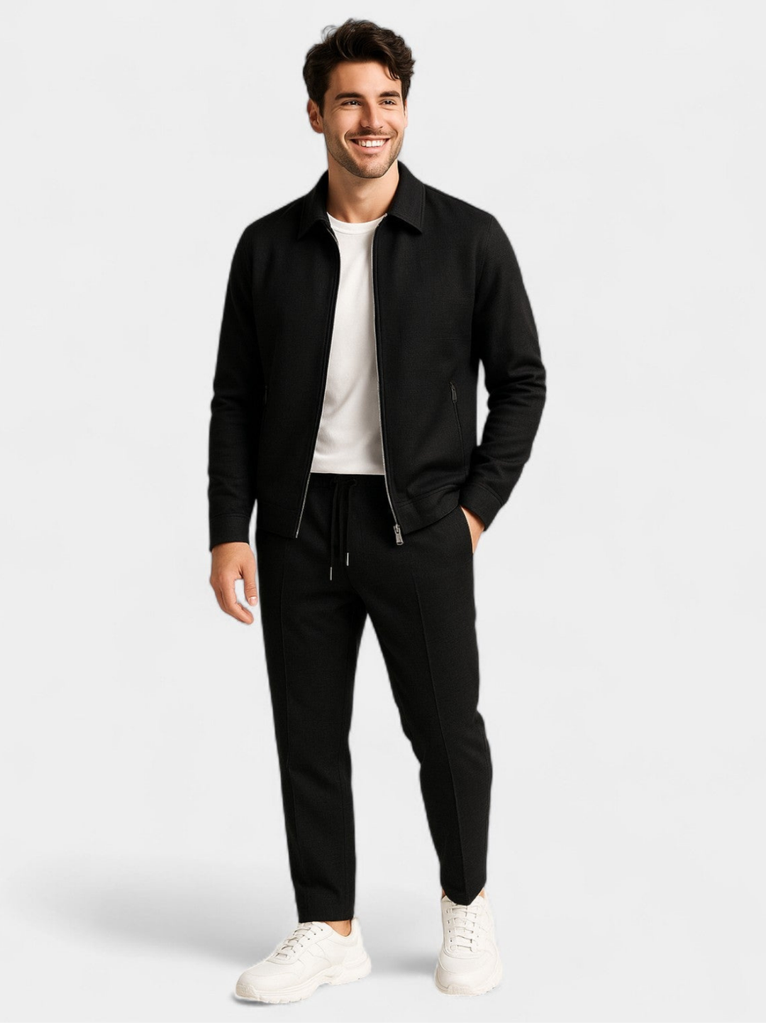 Roupa masculina moderna slim fit com elastano, garantindo conforto e versatilidade no dia a dia.
