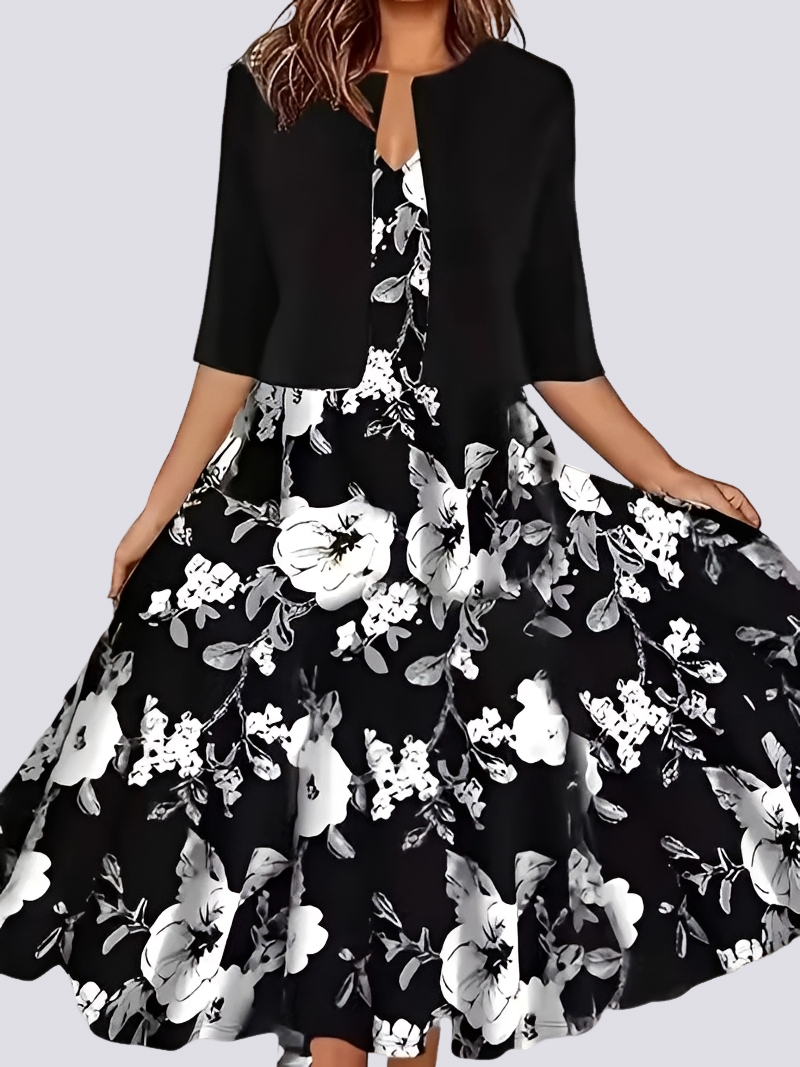 Look de festa feminino: conjunto bifásico com vestido longo fluido e detalhes sofisticados para o verão.