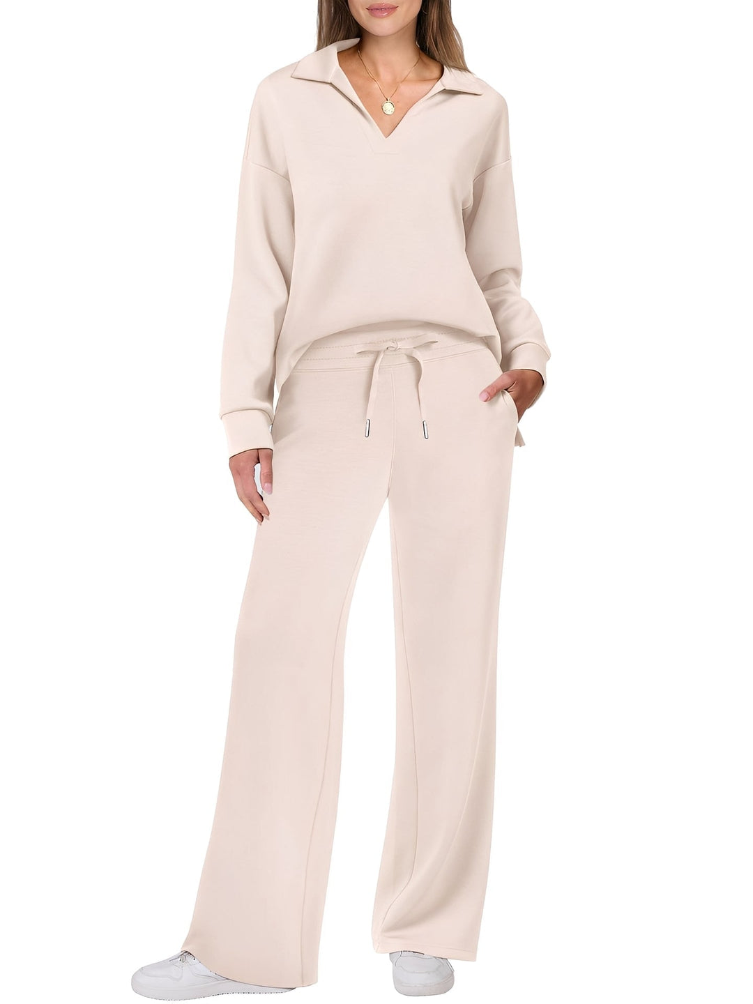 Conjunto feminino casual de suéter e calças para outono/inverno, ideal para conforto e estilo no dia a dia.