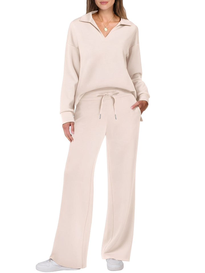 Conjunto feminino casual de suéter e calças para outono/inverno, ideal para conforto e estilo no dia a dia.