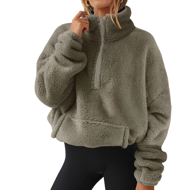 Agasalho feminino com meio fecho, pulôver quente de inverno, combinando estilo e praticidade no frio.