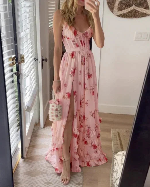 Vestido feminino longo floral, perfeito para eventos especiais, moda elegante e confortável.