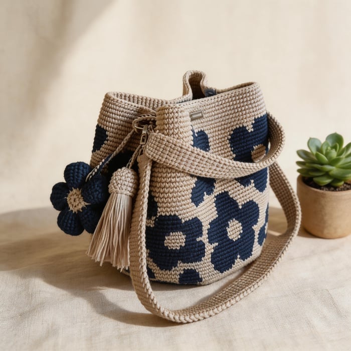 Bolsa tote feminina de croché floral. Acessório de algodão feito à mão, ideal para primavera e verão, estilo único.