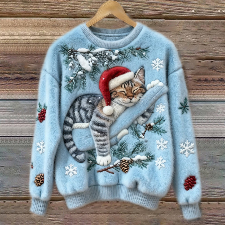 Presente ideal: camisola de Natal unissex com gato 3D. Confortável e festiva para o inverno.