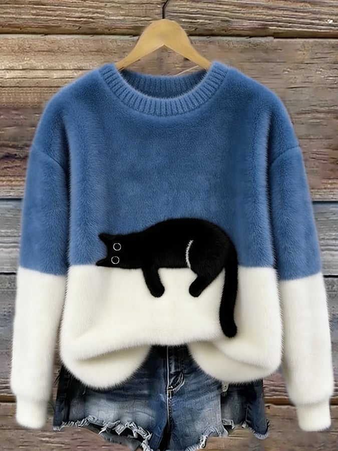 Camisola feminina macia com estampa gráfica de gato, perfeita para conforto e moda casual.