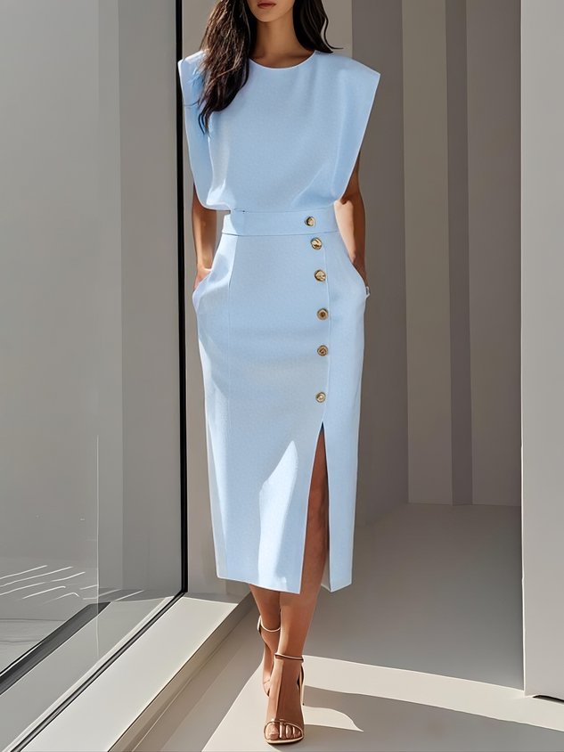 Elegante vestido midi feminino Aina, decote redondo clássico, fenda, conforto p/ o dia a dia.