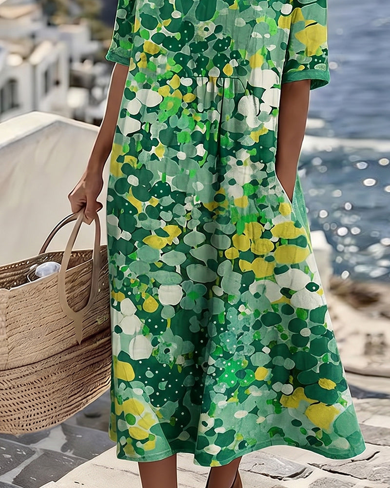 Moda feminina: Vestido midi estampado floral, solto, leve. Estilo casual para primavera/verão.