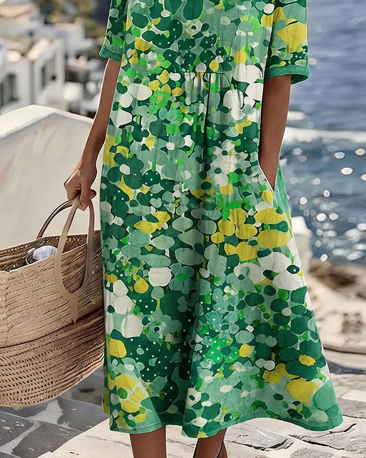 Moda feminina: Vestido midi estampado floral, solto, leve. Estilo casual para primavera/verão.