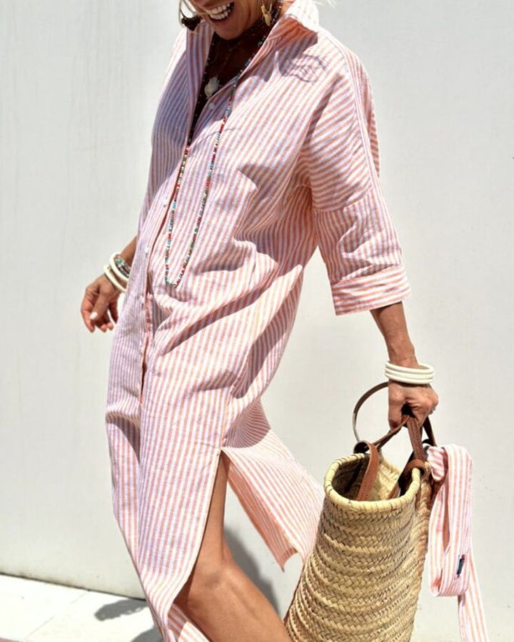 Vestido feminino listrado com detalhes de renda, versátil para moda primavera e looks casuais.