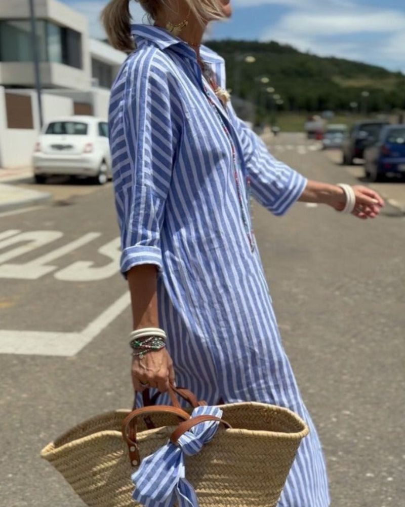 Roupa feminina: vestido camisa listrado clássico com renda, perfeito para estilo casual e elegante.