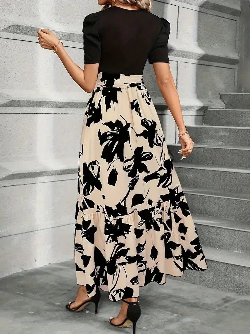 Vestido longo estampado feminino com caimento fluido. Conforto e estilo elegante para o verão e moda casual.