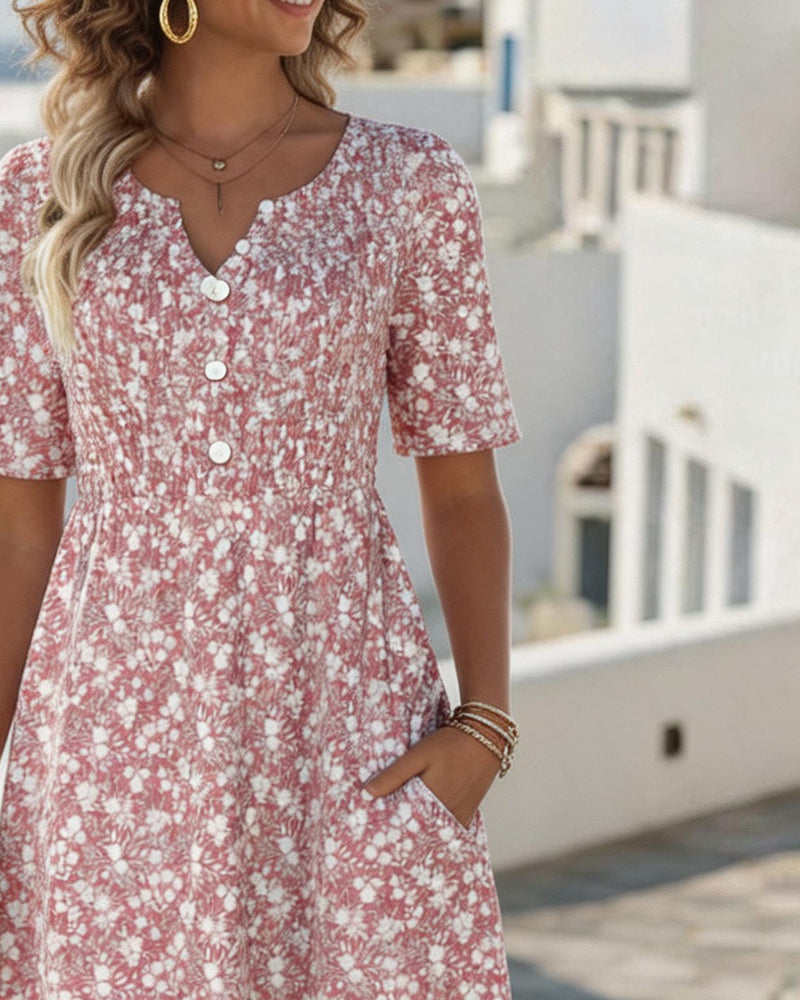 Vestido midi floral rosa feminino, design solto e leve, ideal para roupa casual de verão. Conforto e estilo para primavera.