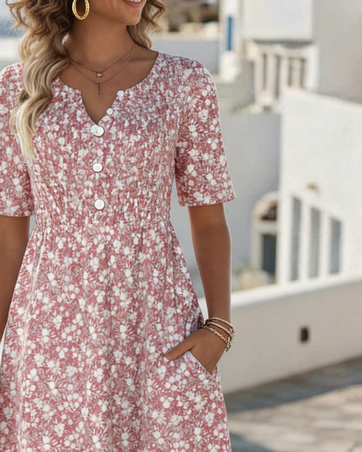 Vestido midi floral rosa feminino, design solto e leve, ideal para roupa casual de verão. Conforto e estilo para primavera.
