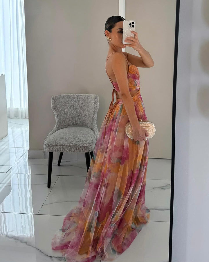 Vestido casual longo feminino floral verde e laranja, ideal para o verão e moda mulher.