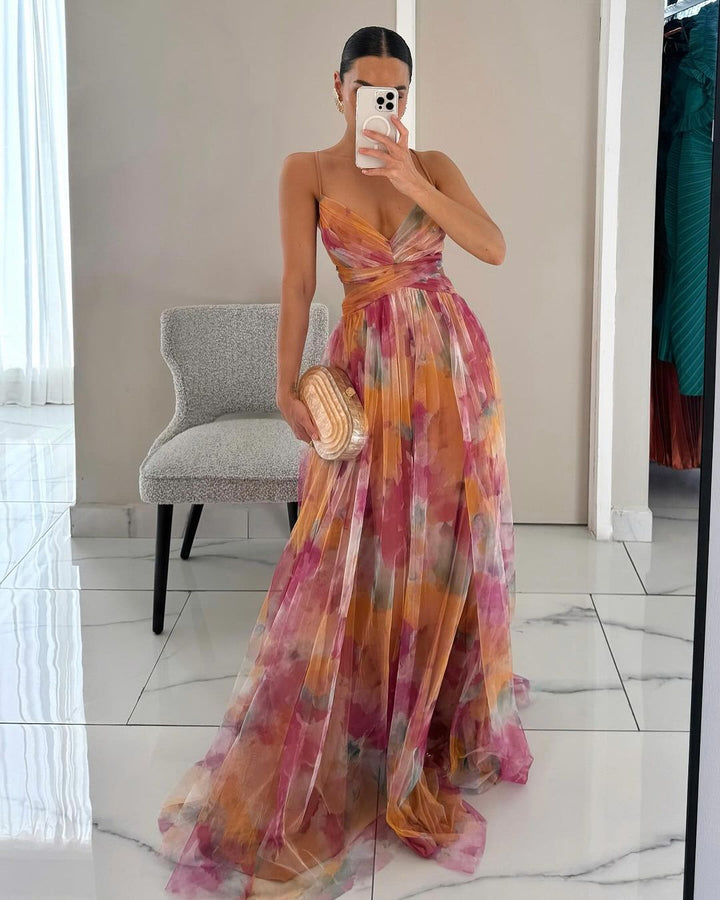 Vestido longo feminino floral verdelaranja encantador, perfeito para o verão e ocasiões casuais.