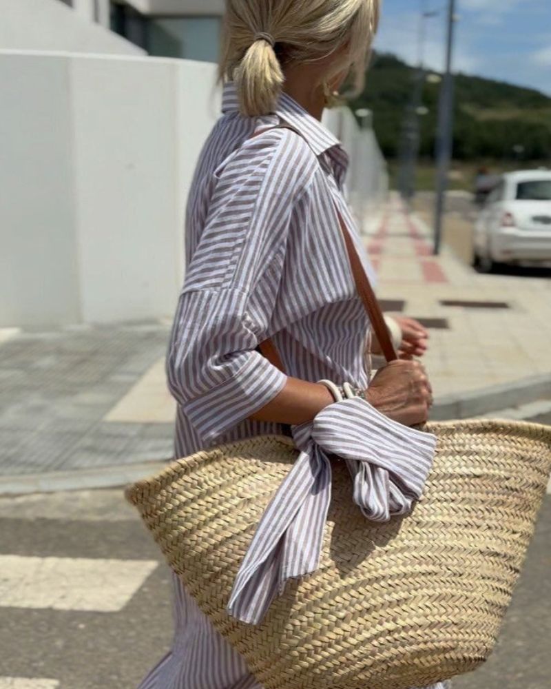 Vestido camisa feminino elegante para moda primavera, com padrão listrado e delicados detalhes em renda.