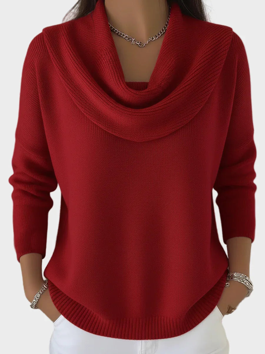 Camisola feminina Danira elegante, decote drapeado. Perfeita para outono/inverno em vermelho vibrante.