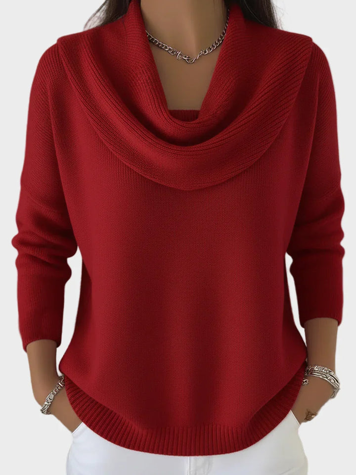 Camisola feminina Danira elegante, decote drapeado. Perfeita para outono/inverno em vermelho vibrante.
