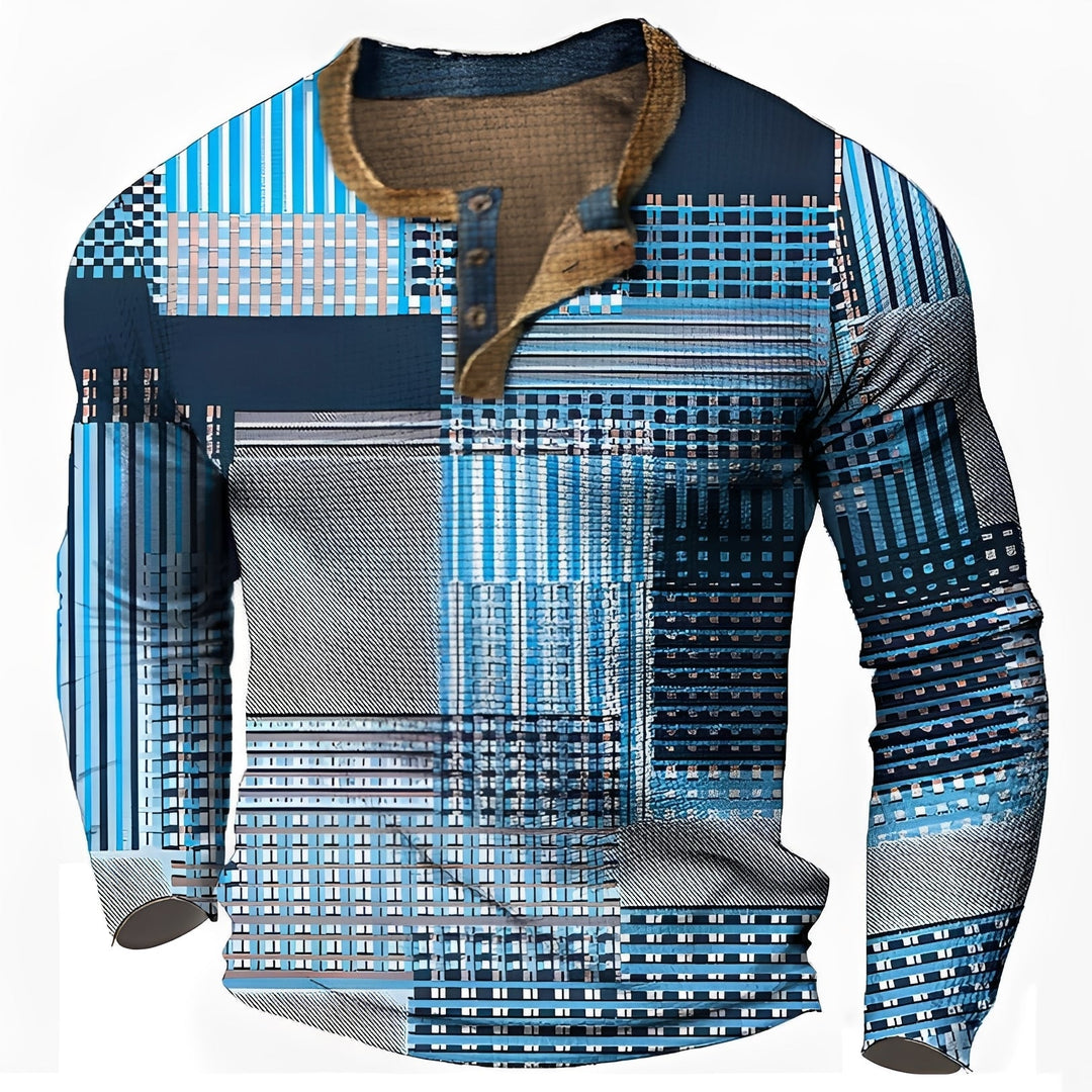 Homem veste camisa manga longa casual masculina azul, ideal para um visual moderno e descontraído.