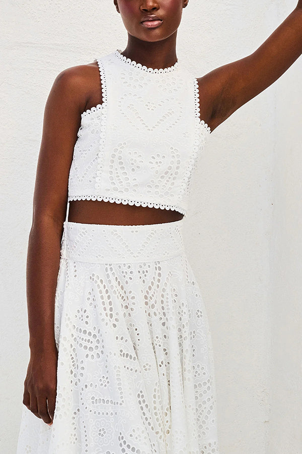 Conjunto de férias: saia midi feminina e top bordado, elegância e conforto juntos.