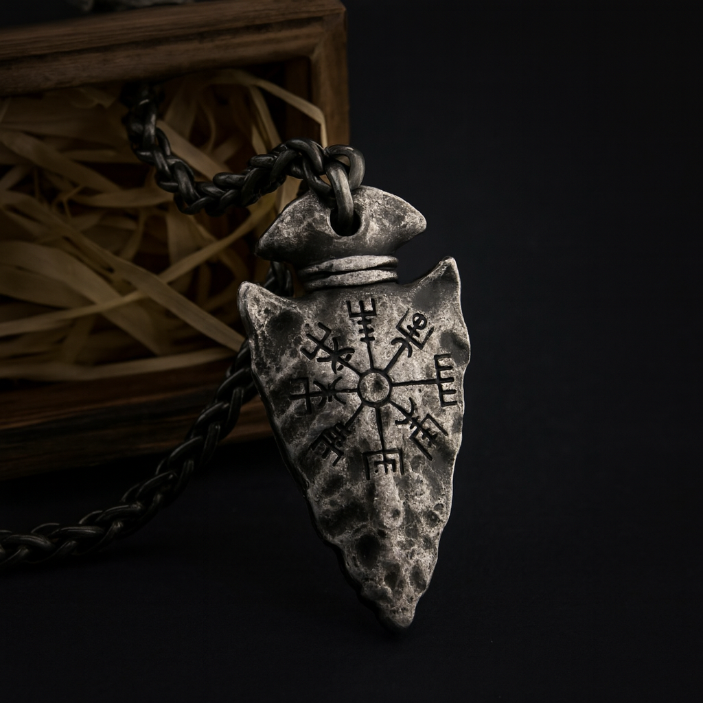 Pingente Vegvisir em colar masculino viking, símbolo nórdico de proteção e direção para homens.