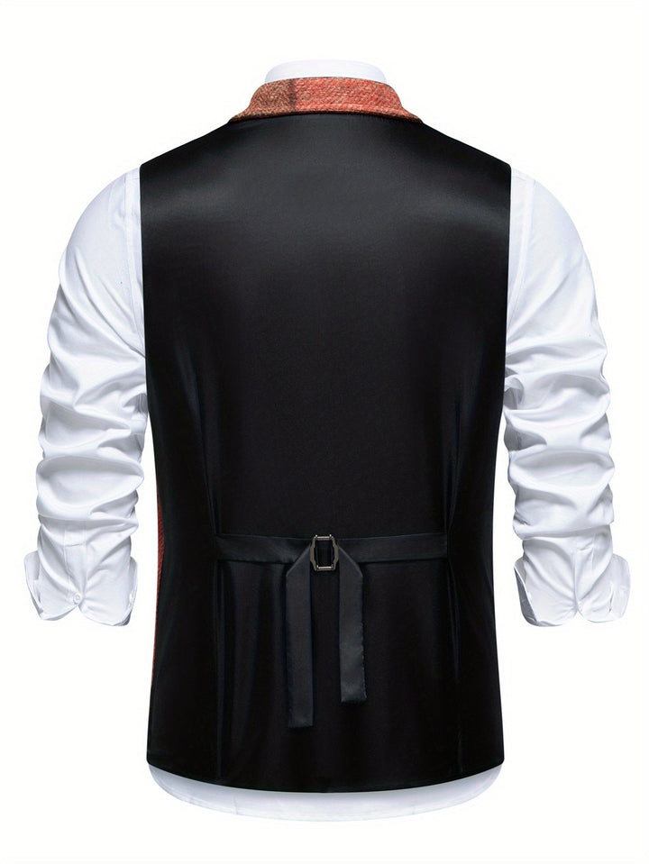 Colete masculino refinado com padrão de espiga, essencial para o guarda-roupa social.