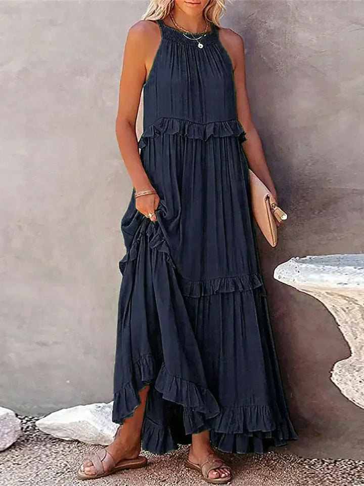 Vestido de alças finas feminino longo, babados decorativos. Ideal para moda verão e festas.