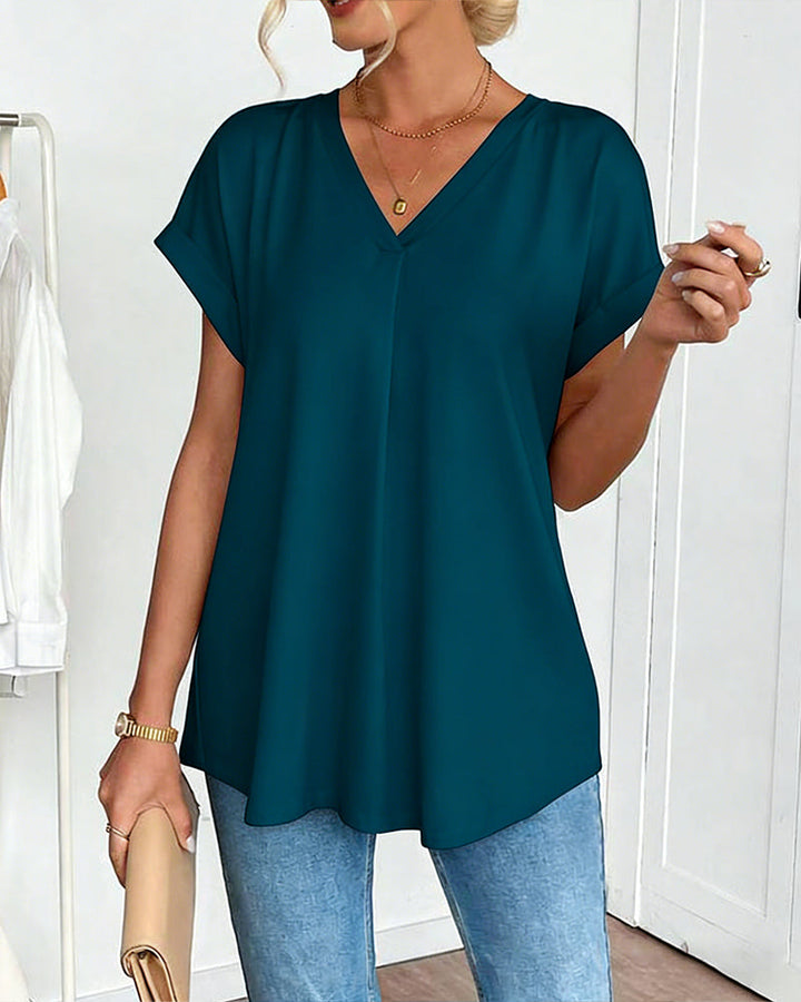 Camiseta feminina básica com decote V e manga curta, máxima moda.