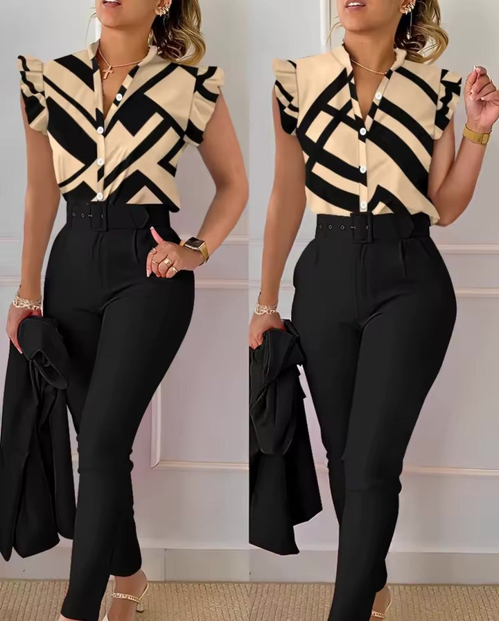 Look elegante de terno feminino moderno de 3 peças, perfeito para reuniões e ambiente profissional.