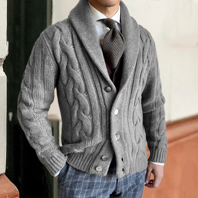 Elegante casaco masculino, cardigã para o outono/inverno. Estilo atemporal, conforto e aquecimento para roupa masculina.