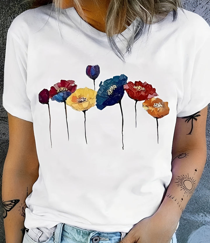 Camiseta feminina estampada floral colorida para o verão. Blusa leve e confortável, ideal para o dia a dia.