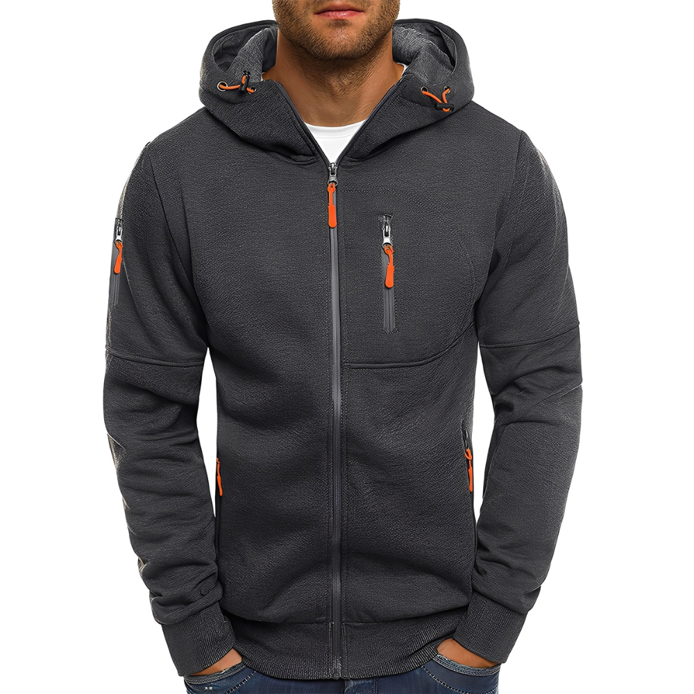 Jaqueta masculina com capuz que oferece conforto superior e adaptabilidade climática. Roupa casual e estilosa.