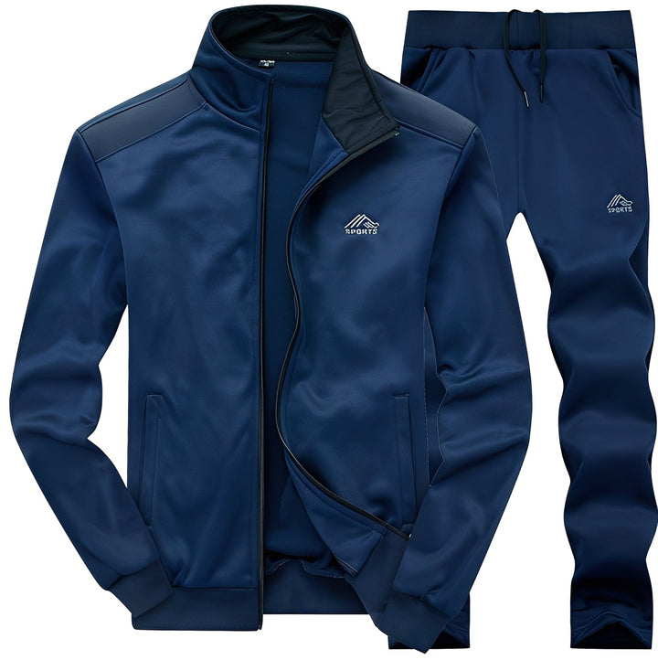 Roupa masculina casual de inverno/outono: conjunto esportivo com blusão e calça para estilo e aquecimento no dia a dia.