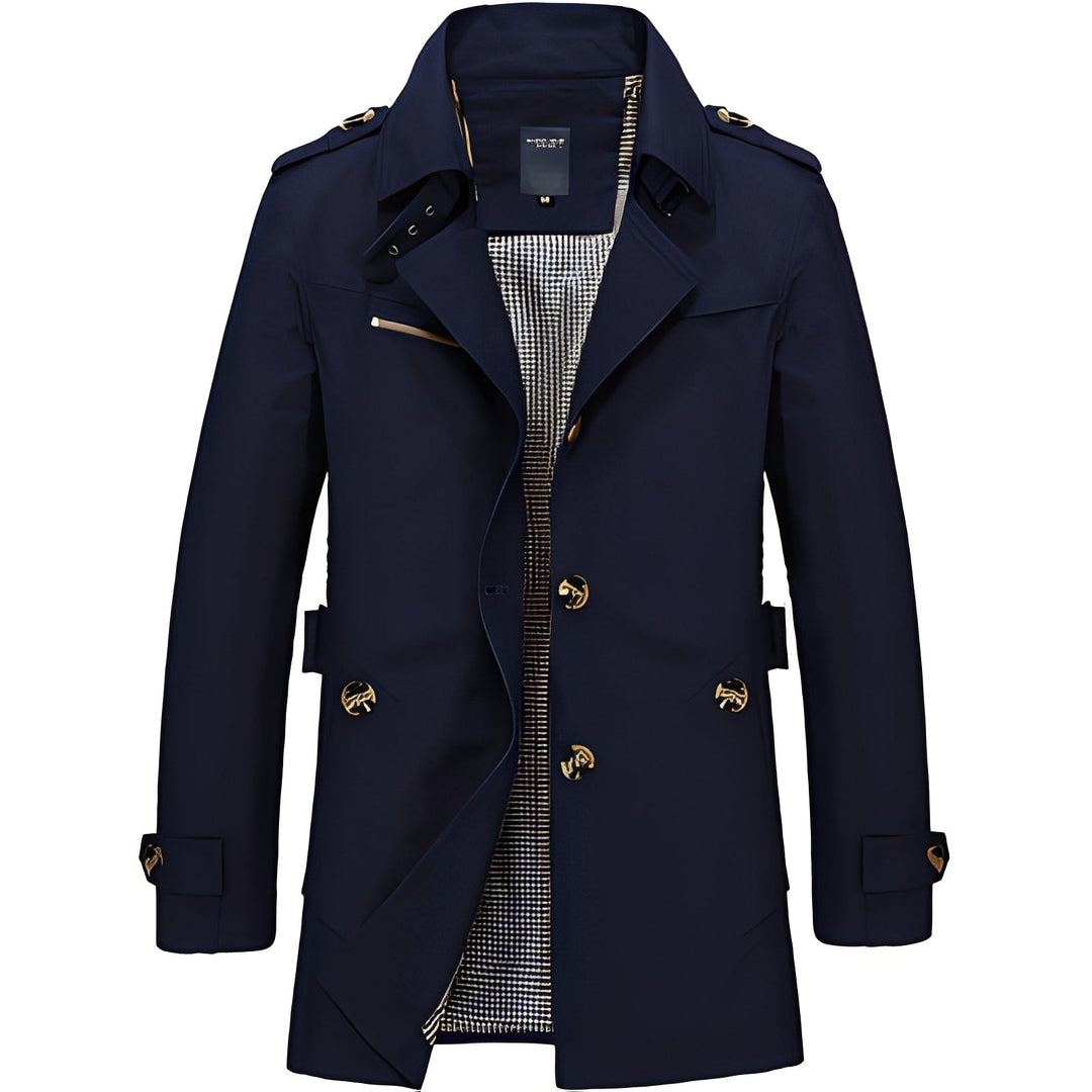 Casaco trench masculino estilo clássico, peça versátil para vestuário de outono e primavera.
