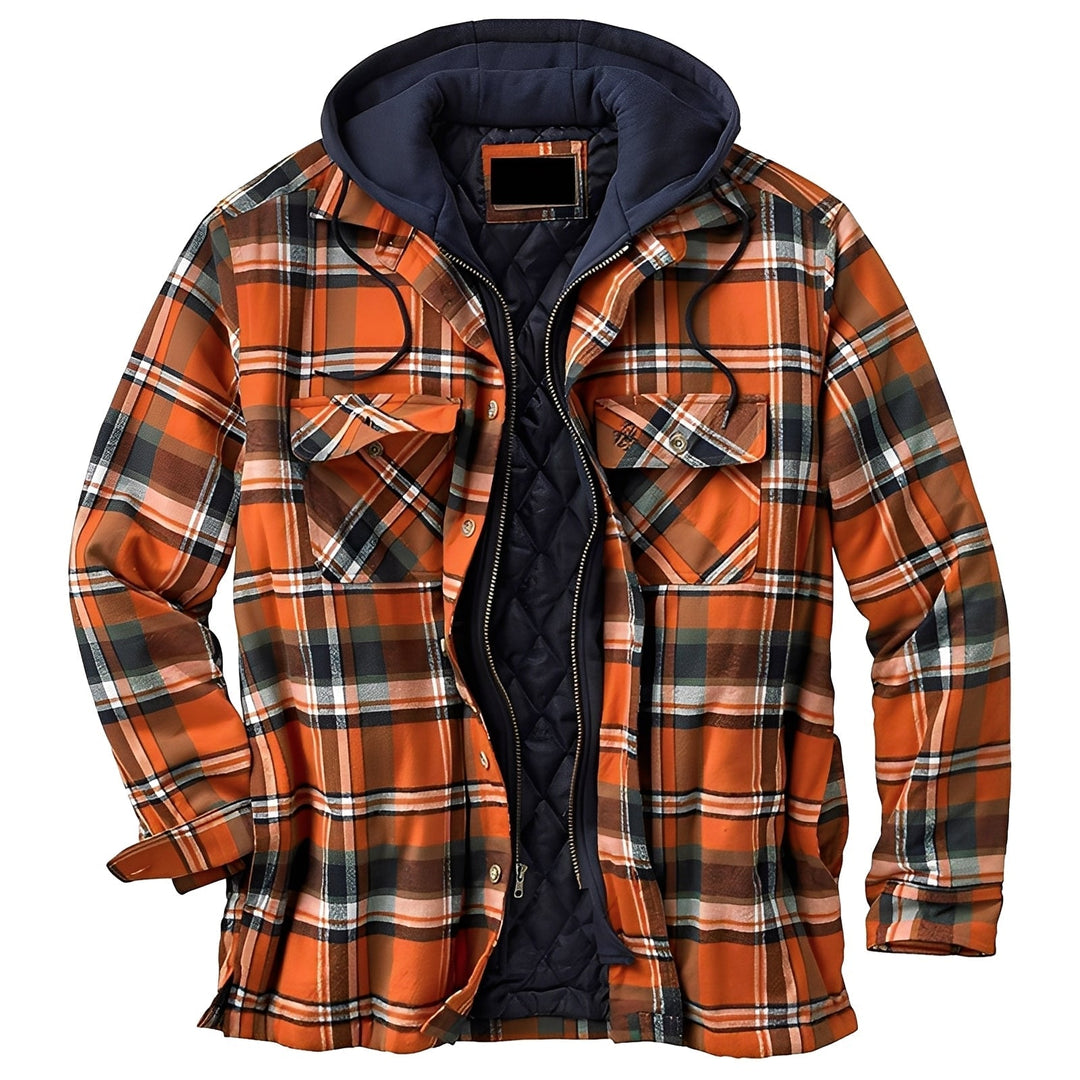 Jaqueta masculina xadrez com capuz, ideal para outono/inverno. Estilo urbano e conforto.