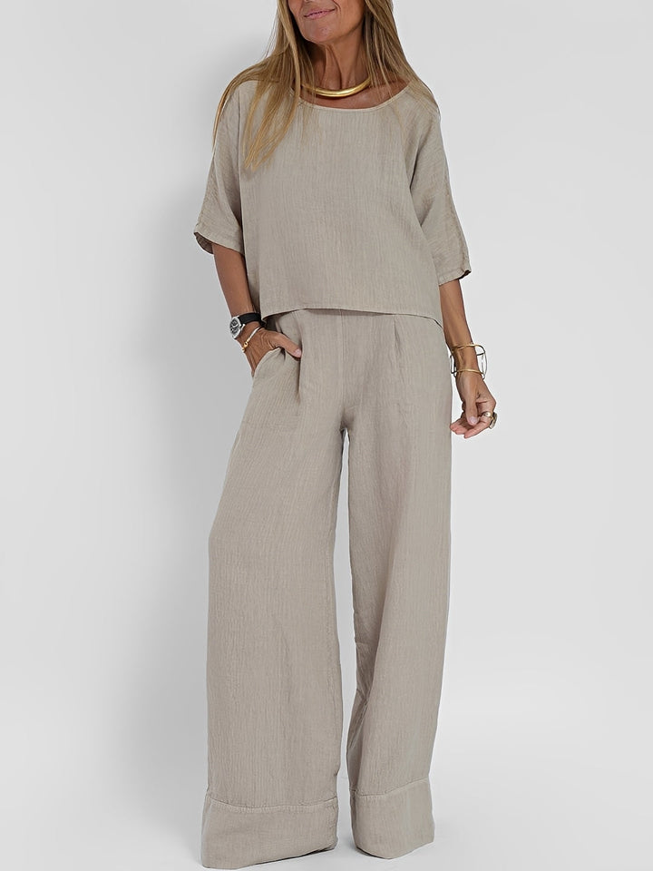Conjunto feminino casual solto de duas peças para o dia a dia, oferecendo conforto diário e estilo.