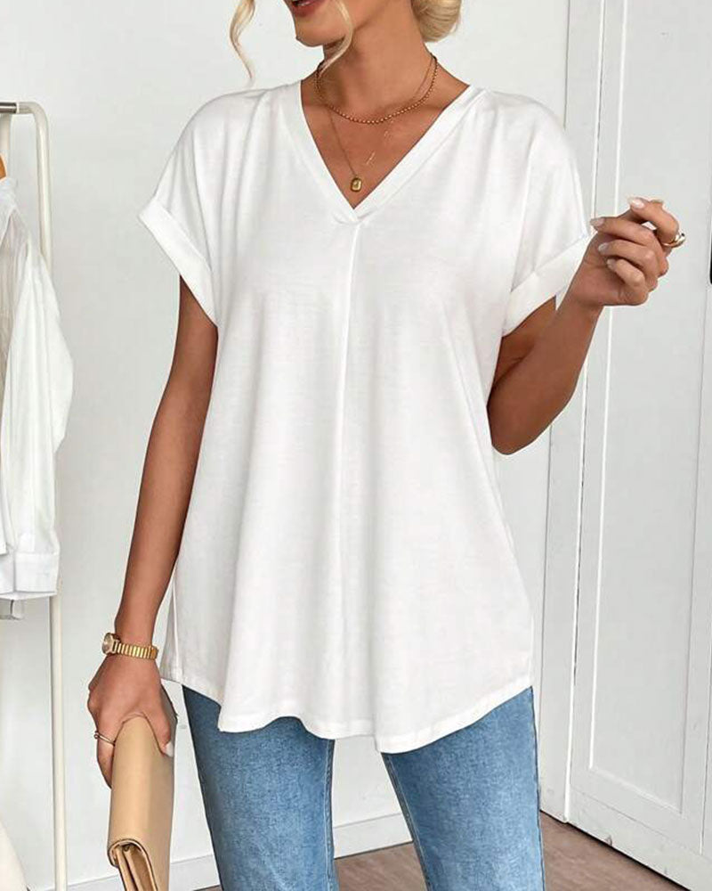 Camiseta feminina de moda, decote V, manga curta, puro conforto.