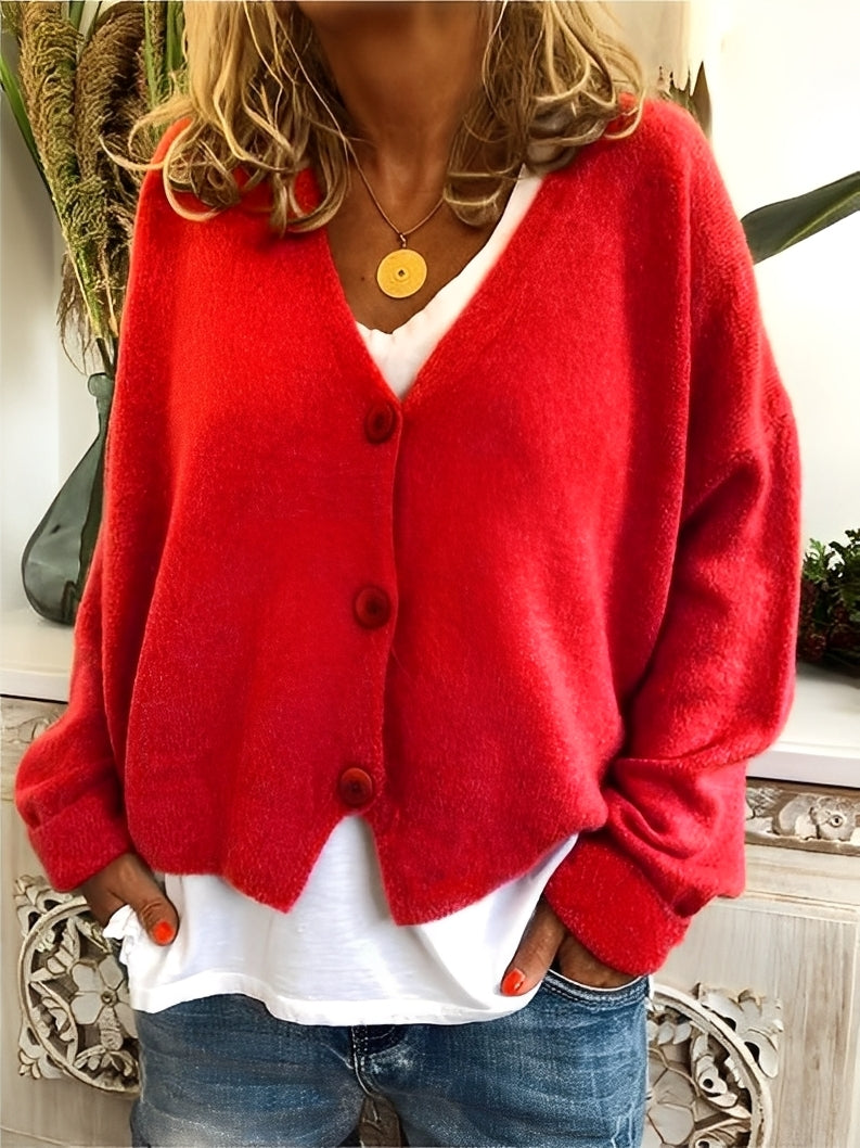 Cardigan feminino Deena em cores vibrantes, perfeito para um look casual e elegante de inverno.
