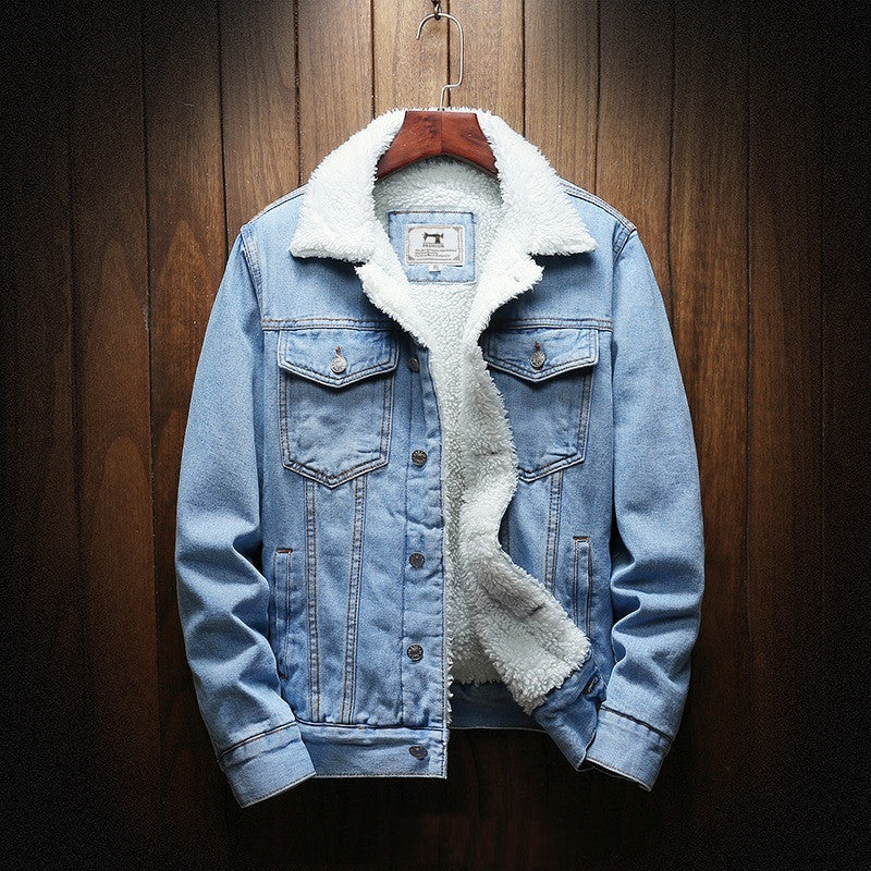 Jaqueta jeans masculina clássica, azul, estilo casual e moderno, perfeita para outono/inverno com conforto.