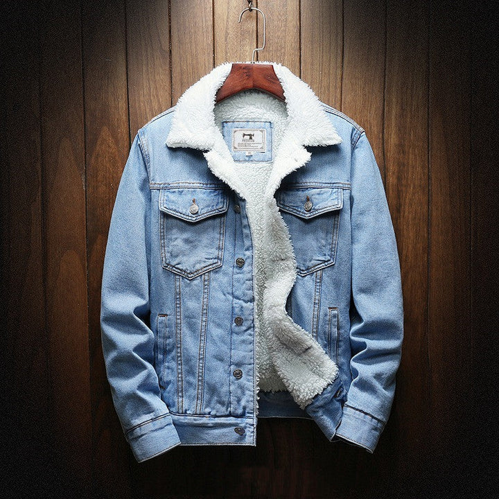 Jaqueta jeans masculina clássica, azul, estilo casual e moderno, perfeita para outono/inverno com conforto.