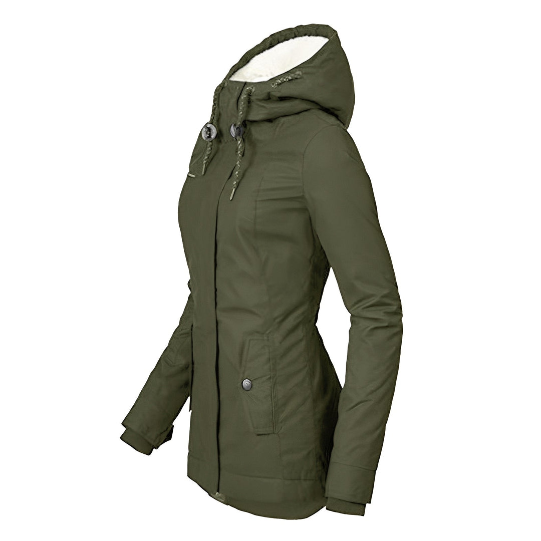 Casaco feminino quente com capuz, design moderno e proteção impermeável essencial para o inverno rigoroso.