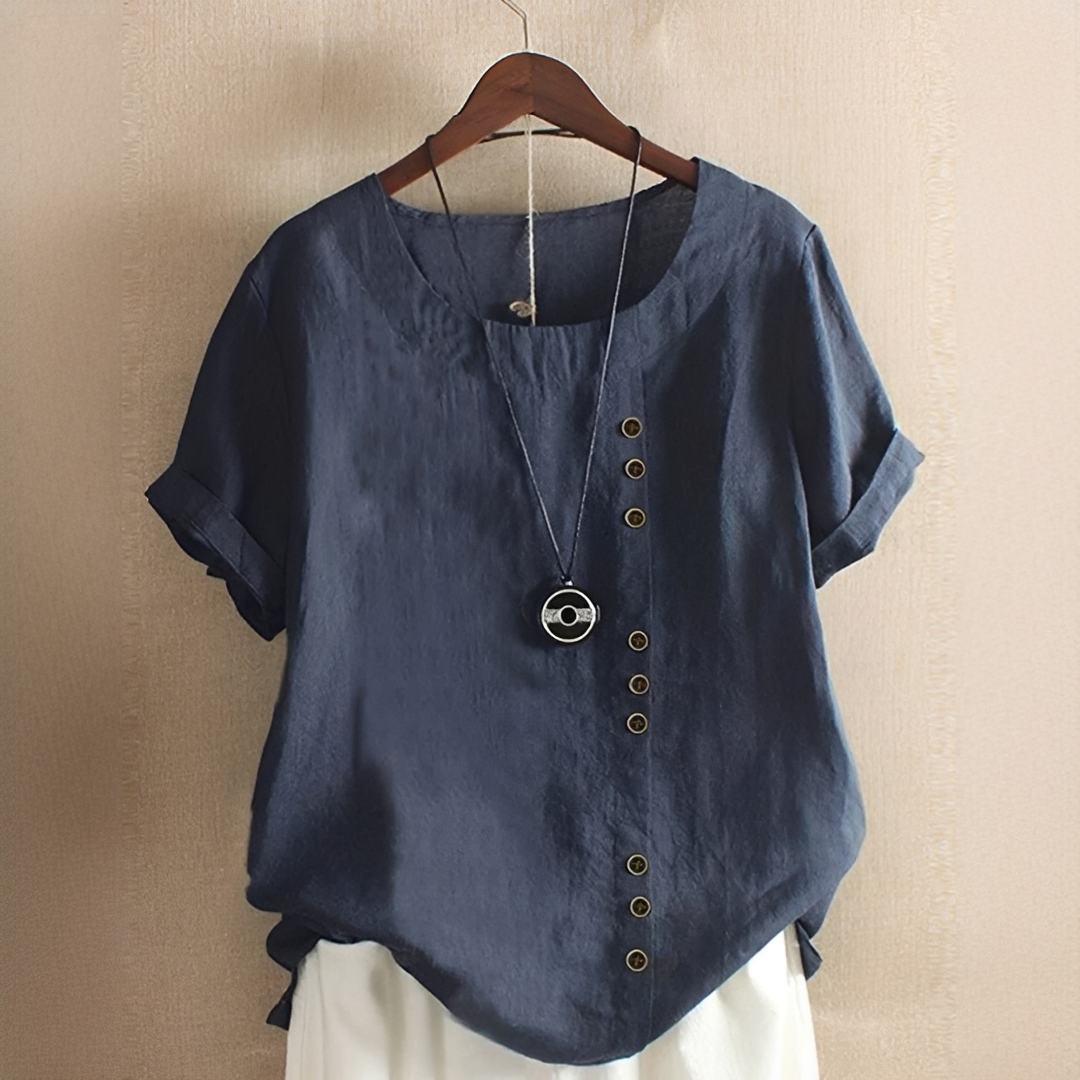 Blusa feminina estilosa para o dia a dia, com manga curta, decote redondo, conforto e moda verão.